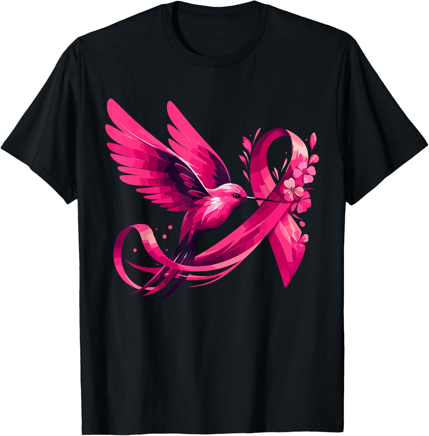 Hummingbird Flower Pink Ribbon Breast Cancer Awareness T-Shirt - T-Shirt | Black