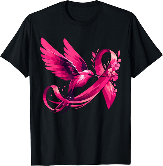 Hummingbird Flower Pink Ribbon Breast Cancer Awareness T-Shirt - T-Shirt | Black