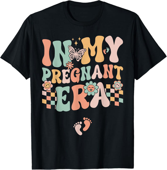 In My Pregnant Era Groovy Pregnancy Reveal T-Shirt - T-Shirt | Black
