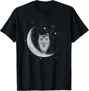 Owls Night Owls Owl At Night On Moon In Night Sky T-Shirt - T-Shirt | Black