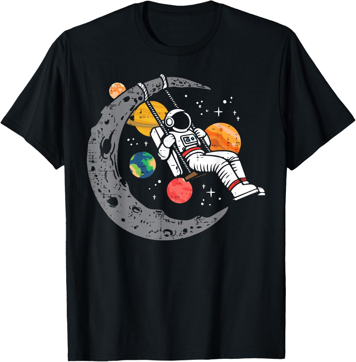 Astronaut Moon Swing Planets Space Galaxy Women Kids Men T-Shirt - T-Shirt | Black