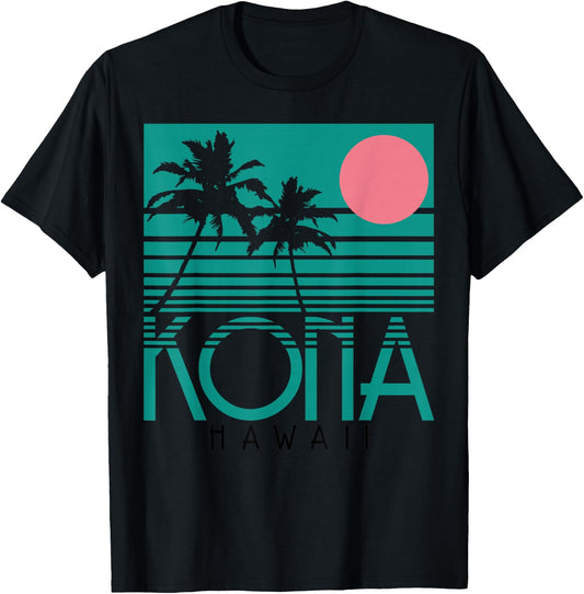 Kona Hawaii Palm Trees Surf Vintage Retro Hawaii Islands T-Shirt - T-Shirt | Black