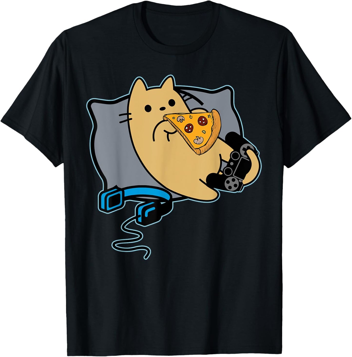 Nerdy Pizza Eating Gamer Cat Game Paused T-Shirt - T-Shirt | Black