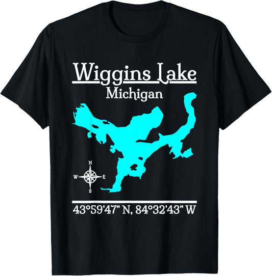 Designed by GeoGearCo Wiggins Lake, Michigan - Kids, -Adults - Black - Short Sleeve - - Classic Fit - Cotton 65%, Polyester 35% T-Shirt - T-Shirt | Black