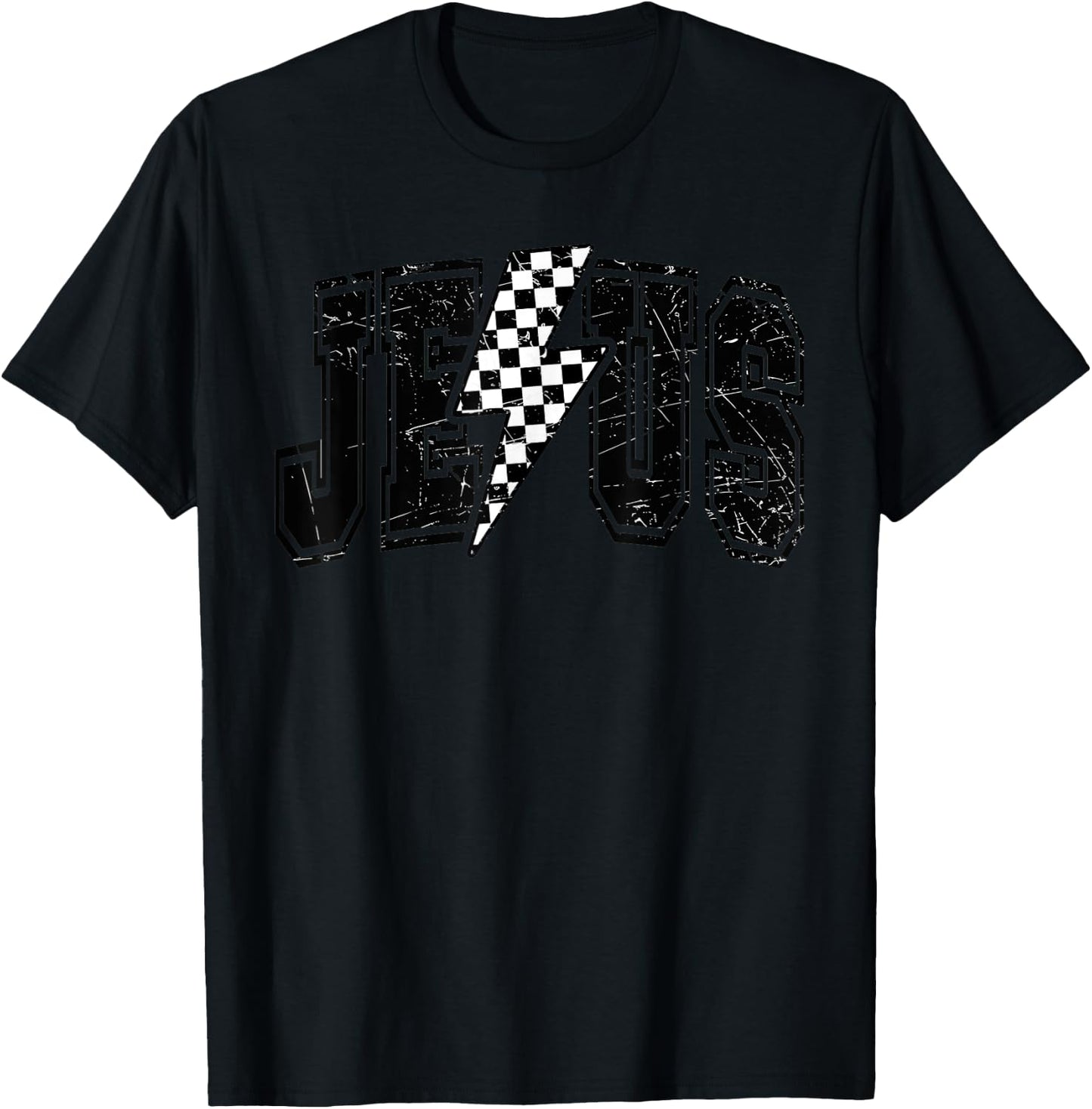 Funny Retro Groovy Checkered Jesus Lightning Bolt Apparel T-Shirt - T-Shirt | Black