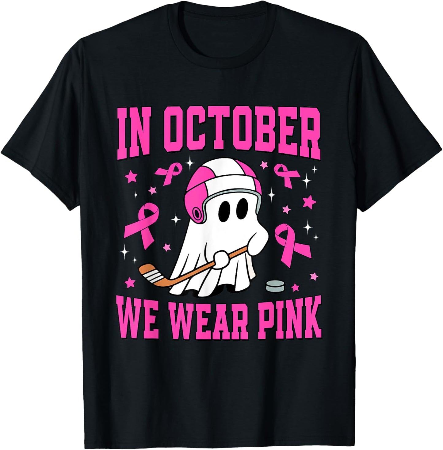 In October We Wear Pink Ghost Hockey Breast Cancer T-Shirt - T-Shirt | Black