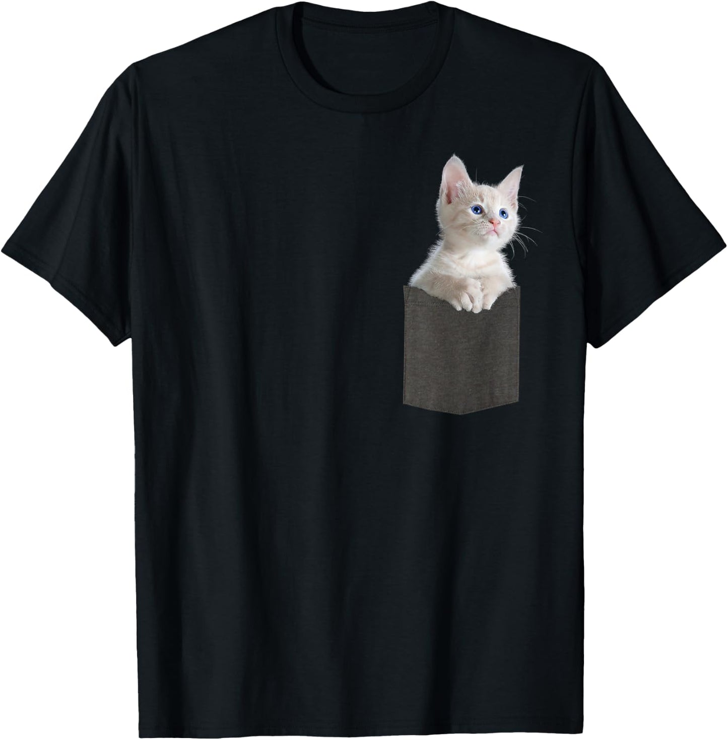 White Kitten Cat in Pocket with Blue Eyes Cute Cat T-Shirt - T-Shirt | Black