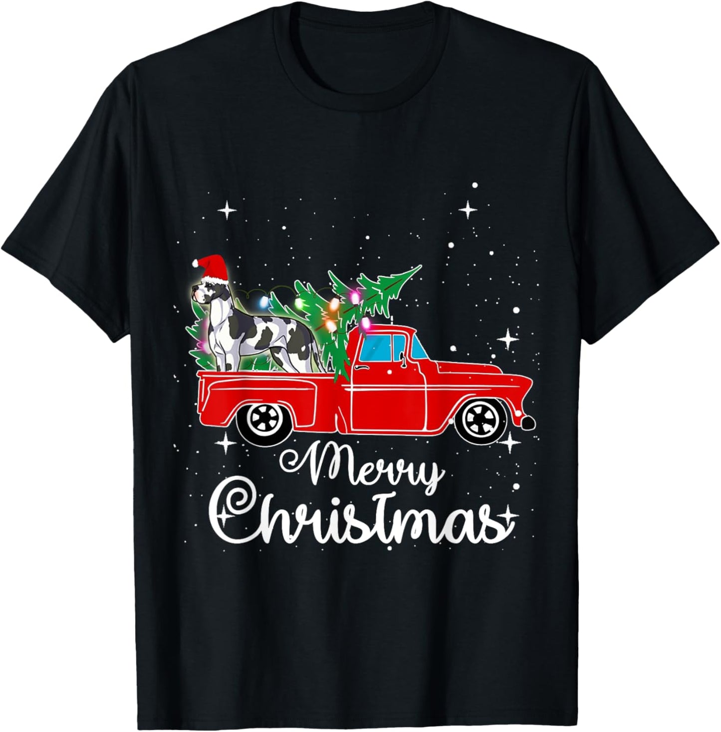 Great Dane Dog Red Truck Christmas Tree Lights Merry Xmas Women Kids T-Shirt - T-Shirt | Black
