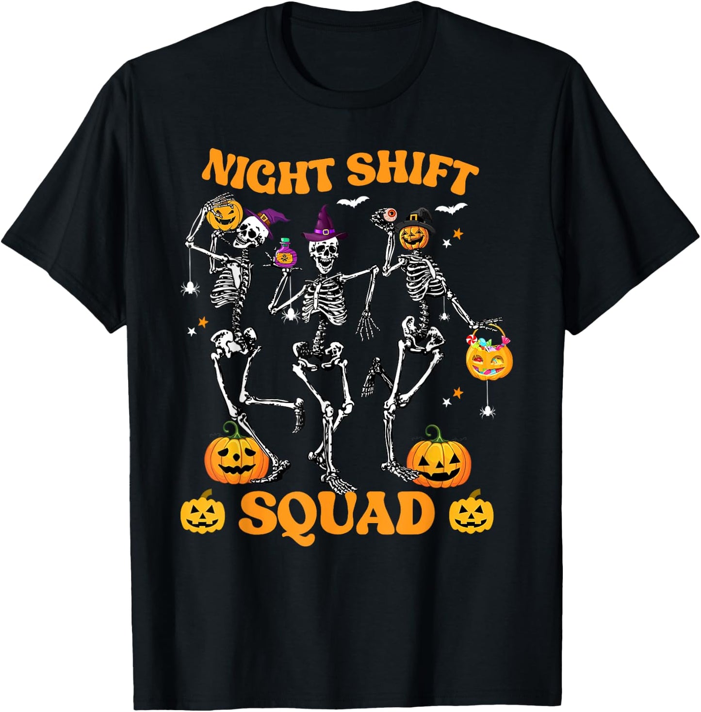 Dancing Skeleton Nurse Night Shift Squad Pumpkin Halloween T-Shirt - T-Shirt | Black