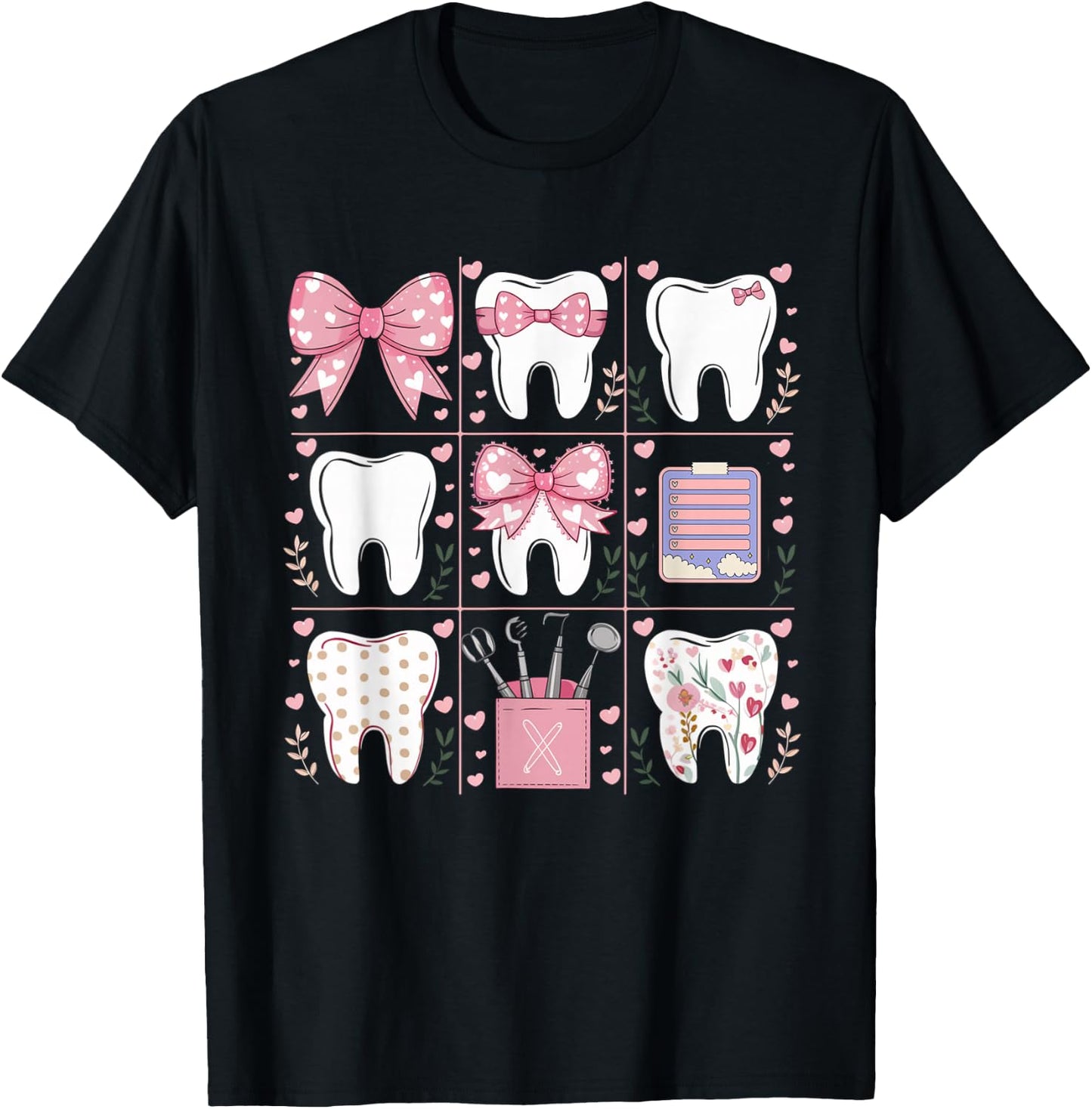 Pink Coquette Bow Cute Teeth Dentist Squad Dental Assistant T-Shirt - T-Shirt | Black