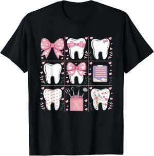 Pink Coquette Bow Cute Teeth Dentist Squad Dental Assistant T-Shirt - T-Shirt | Black