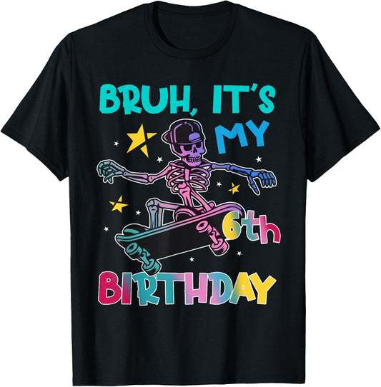 6th Birthday Skeleton Skateboard Skater Boys Kids 6 Year Old T-Shirt - T-Shirt | Black