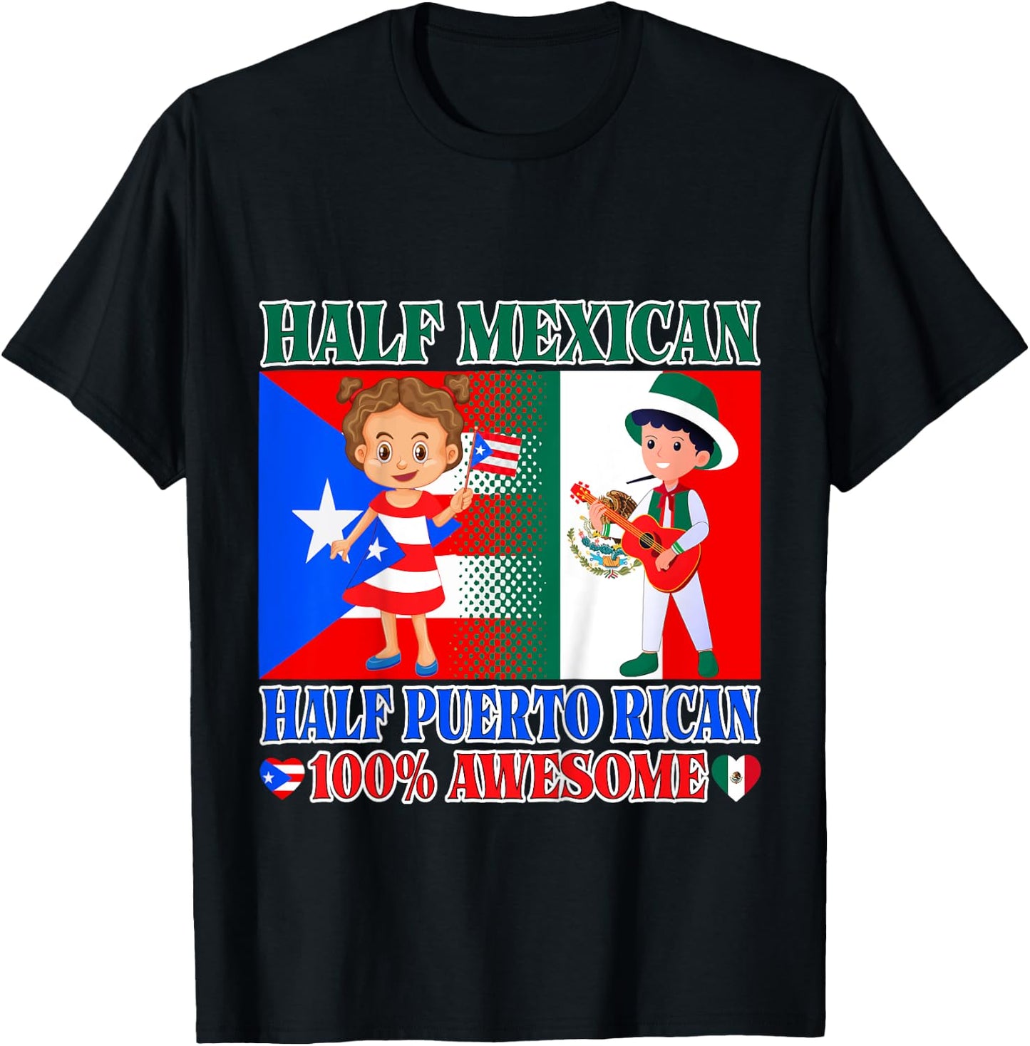 Kids Half Mexican Half Puerto Rican Mexico Flag Toddler Girl Boy T-Shirt - T-Shirt | Black