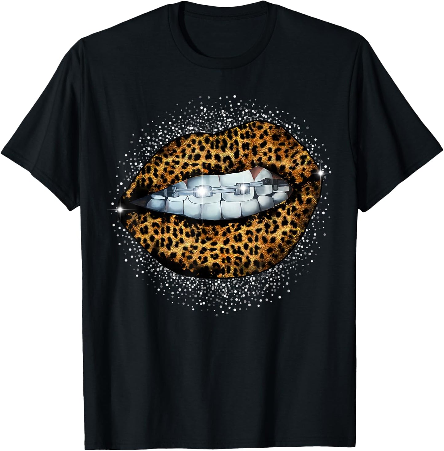 Cool Braces Dentist Leopard Cheetah Print Lip T-Shirt - T-Shirt | Black
