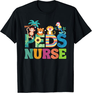 Colorful Peds Nurse Cute Animals PEDS Oncology Nurse T-Shirt - T-Shirt | Black