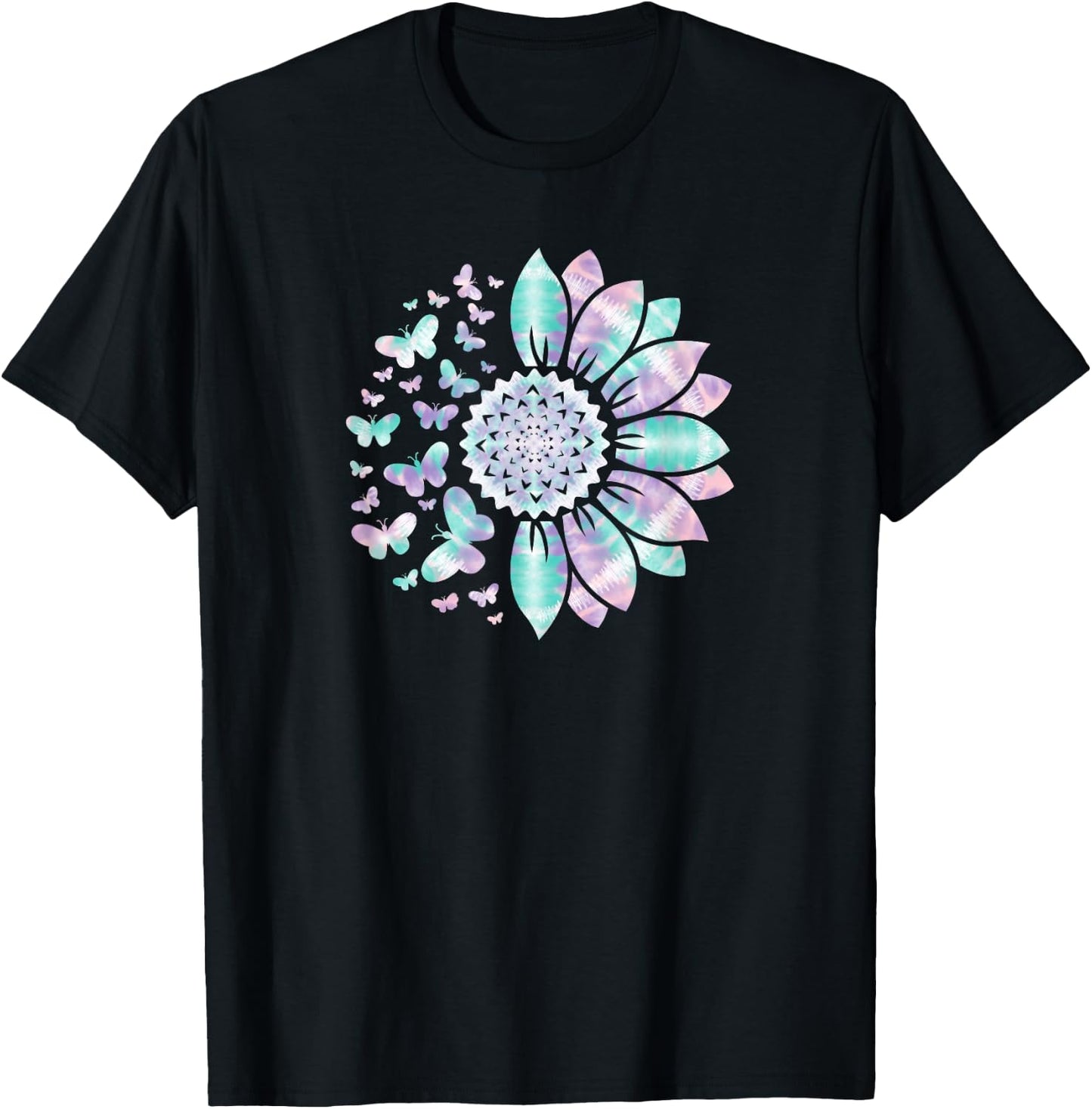 Sunflower Sun Flower Tie Dye Daisy Butterflies Women Girls T-Shirt - T-Shirt | Black