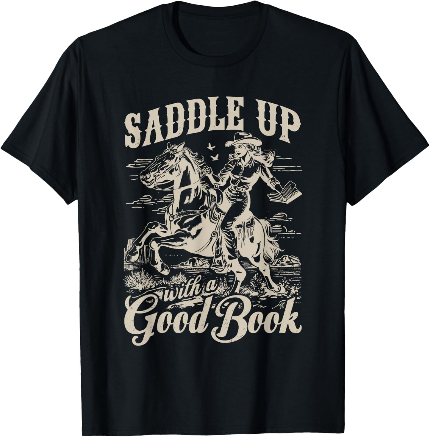 Bookish Retro Western Cowgirl Texas Book Lover Novel Reader T-Shirt - T-Shirt | Black