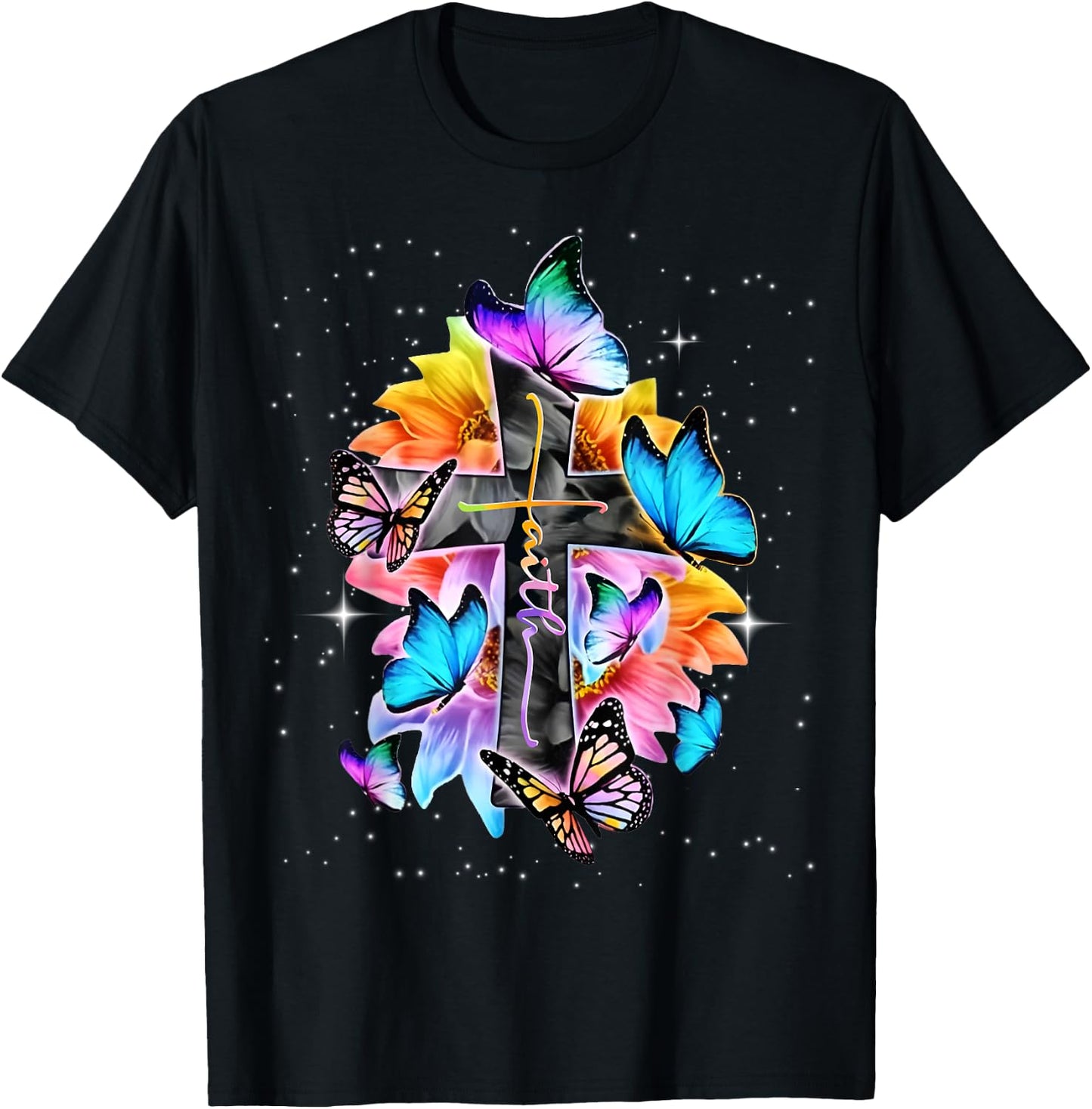 Faith - Cross Floral Butterflies Christ Flowers Religious T-Shirt - T-Shirt | Black