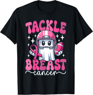 Cute Ghost Tackle Breast Cancer American Football Halloween T-Shirt - T-Shirt | Black