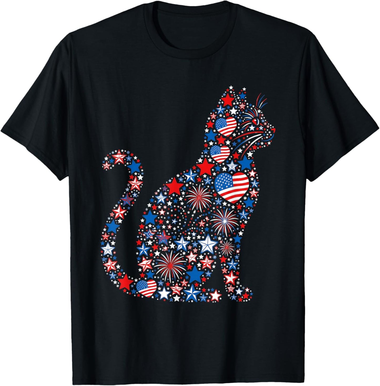 Cat American USA Flag Fireworks Patriotic Fourth of July T-Shirt - T-Shirt | Black