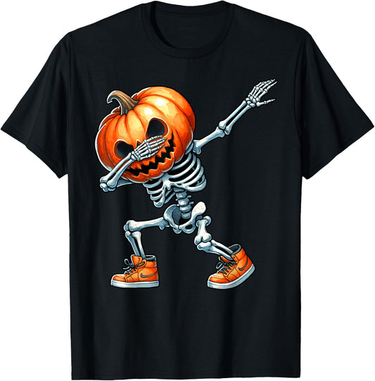 Halloween Boys Dabbing Skeleton Scary Pumpkin Jack O Lantern T-Shirt - T-Shirt | Black