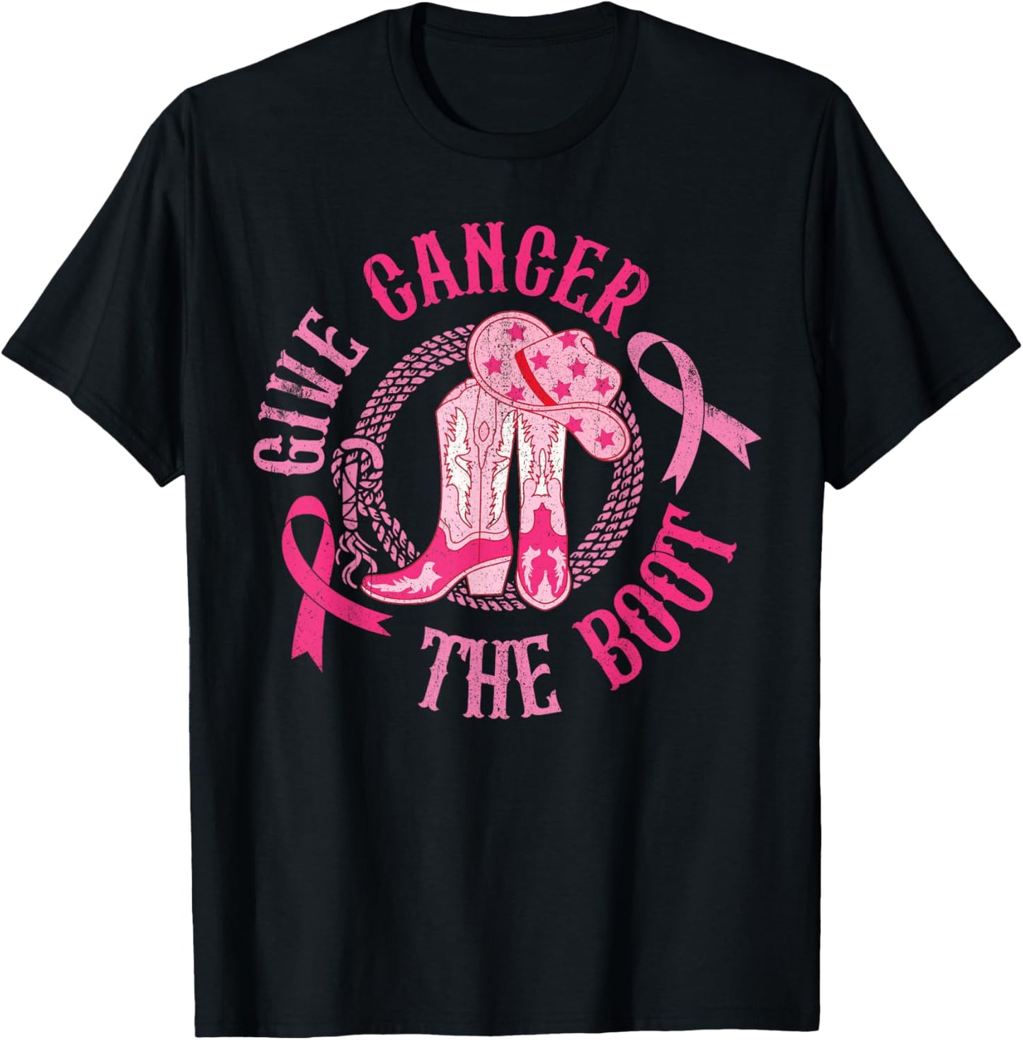 Give Cancer Boot Cowgirl Western Breast Cancer Pink Ribbon T-Shirt - T-Shirt | Black