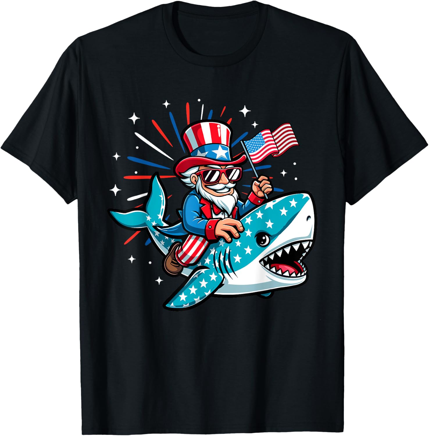 Funny Uncle Sam Riding Shark 4th of July Boys American Flag T-Shirt - T-Shirt | Black