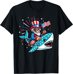 Funny Uncle Sam Riding Shark 4th of July Boys American Flag T-Shirt - T-Shirt | Black