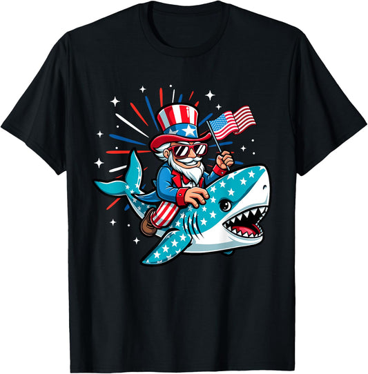 Funny Uncle Sam Riding Shark 4th of July Boys American Flag T-Shirt - T-Shirt | Black