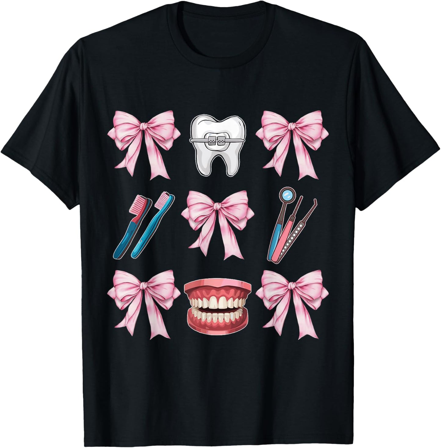 Cute Pink Coquette Bow Dentist Squad Teeth Dental Assistant T-Shirt - T-Shirt | Black