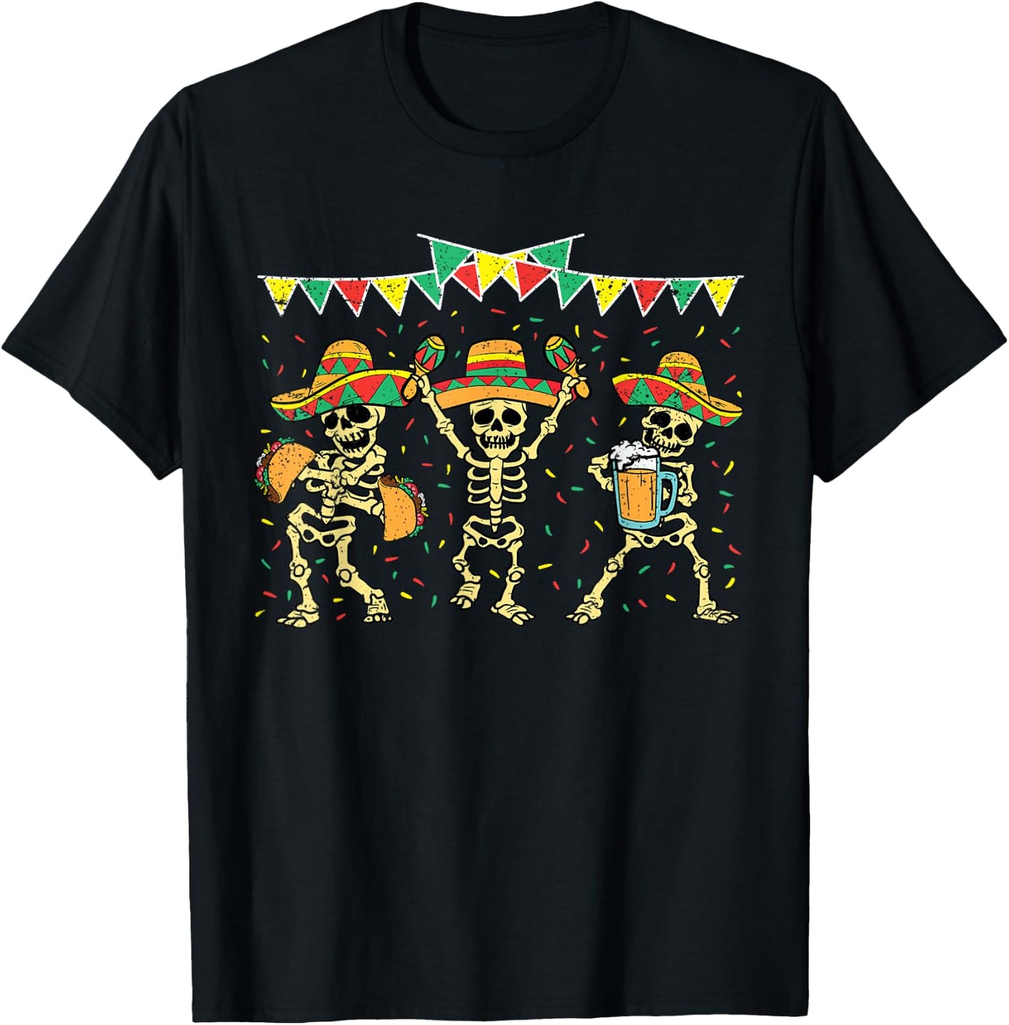Mexican Skeleton Cinco De Mayo Funny Sombrero Baracas Fiesta T-Shirt - T-Shirt | Black