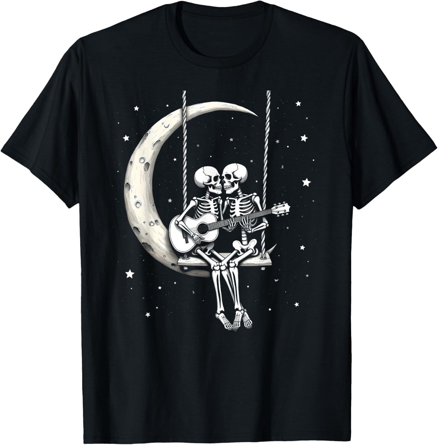 Skeleton Couple Playing Guitar on Moon Swing Halloween Band T-Shirt - T-Shirt | Black