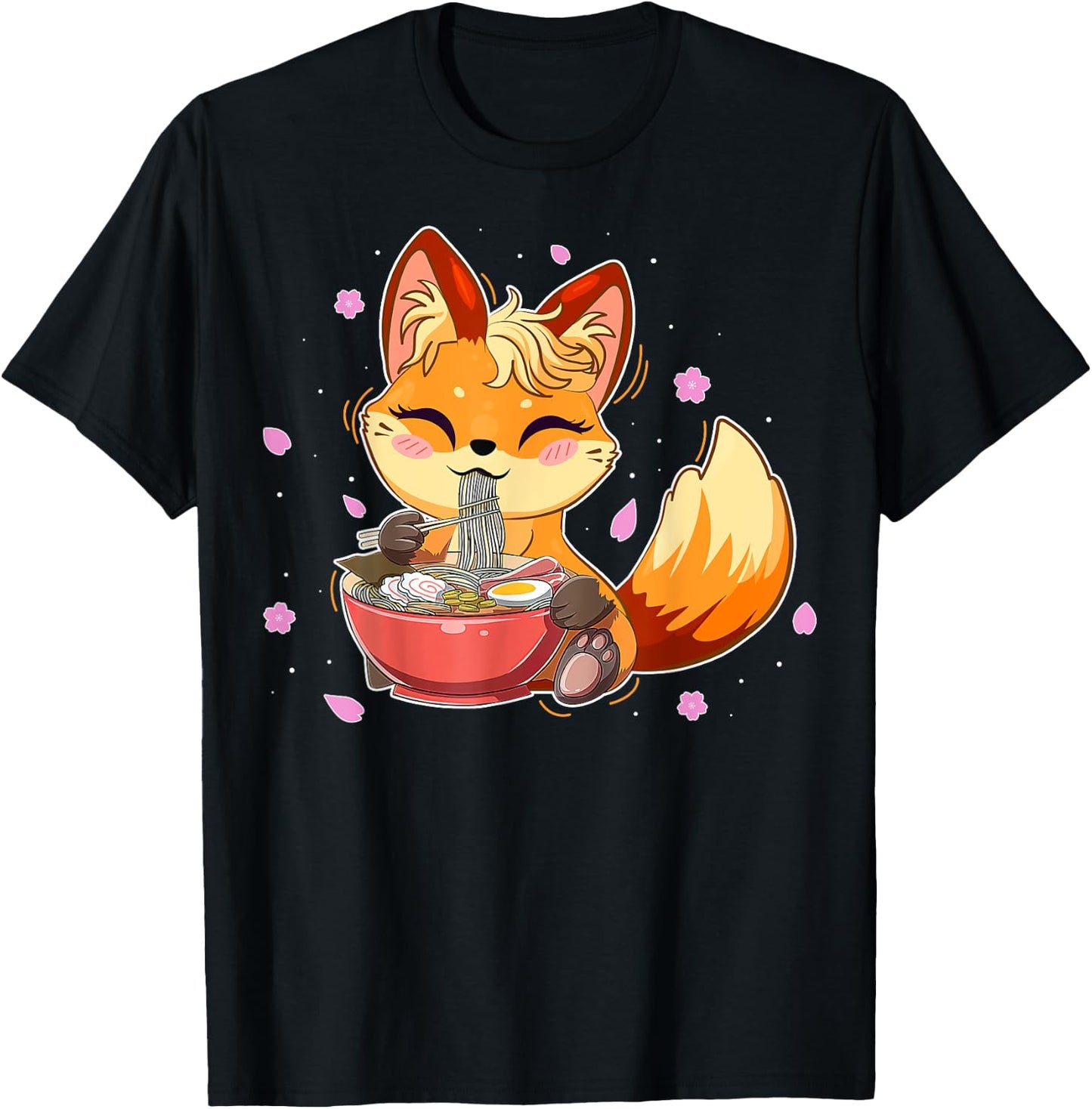 Cute Fox Japanese Anime Eating Ramen Girl Teen Kid Kawaii T-Shirt - T-Shirt | Black
