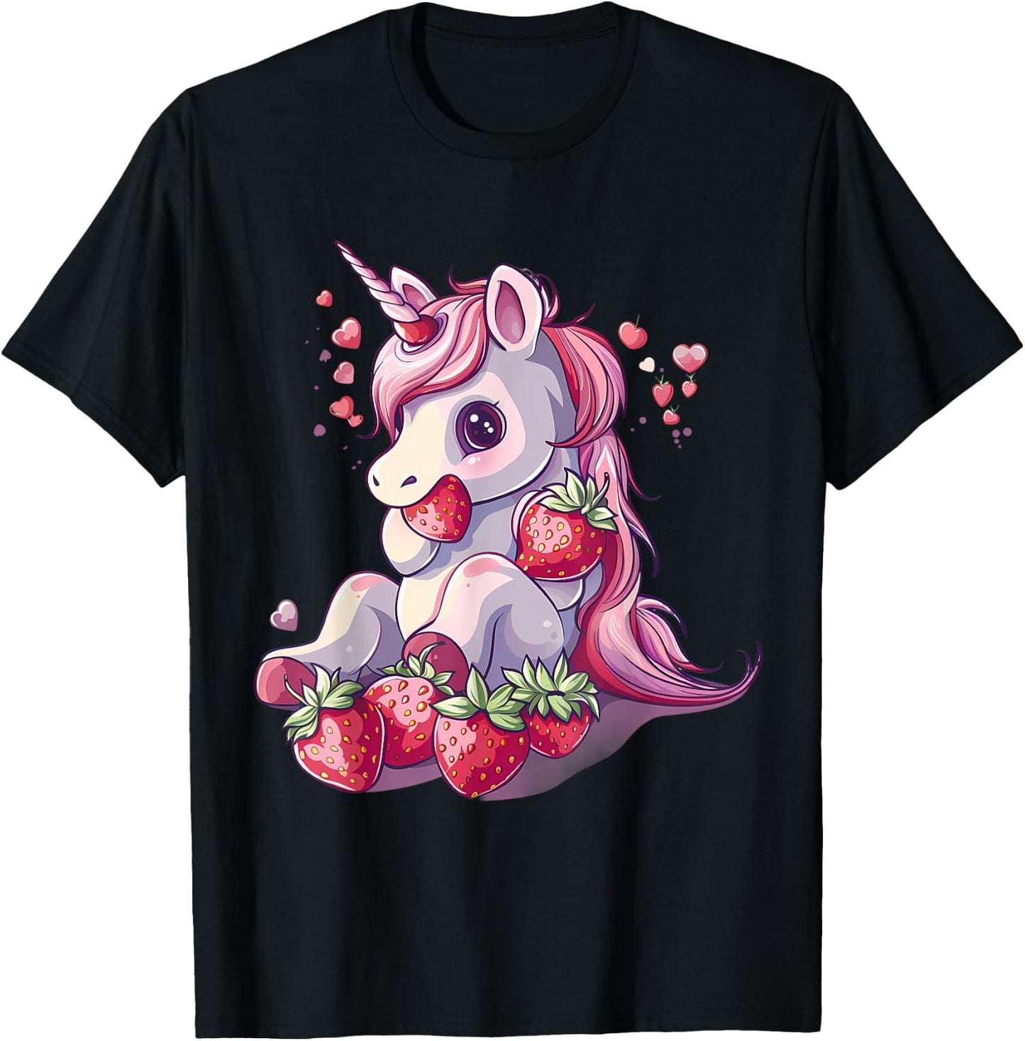 Strawberry Unicorn Cute Strawberries Drawing Motif T-Shirt - T-Shirt | Black
