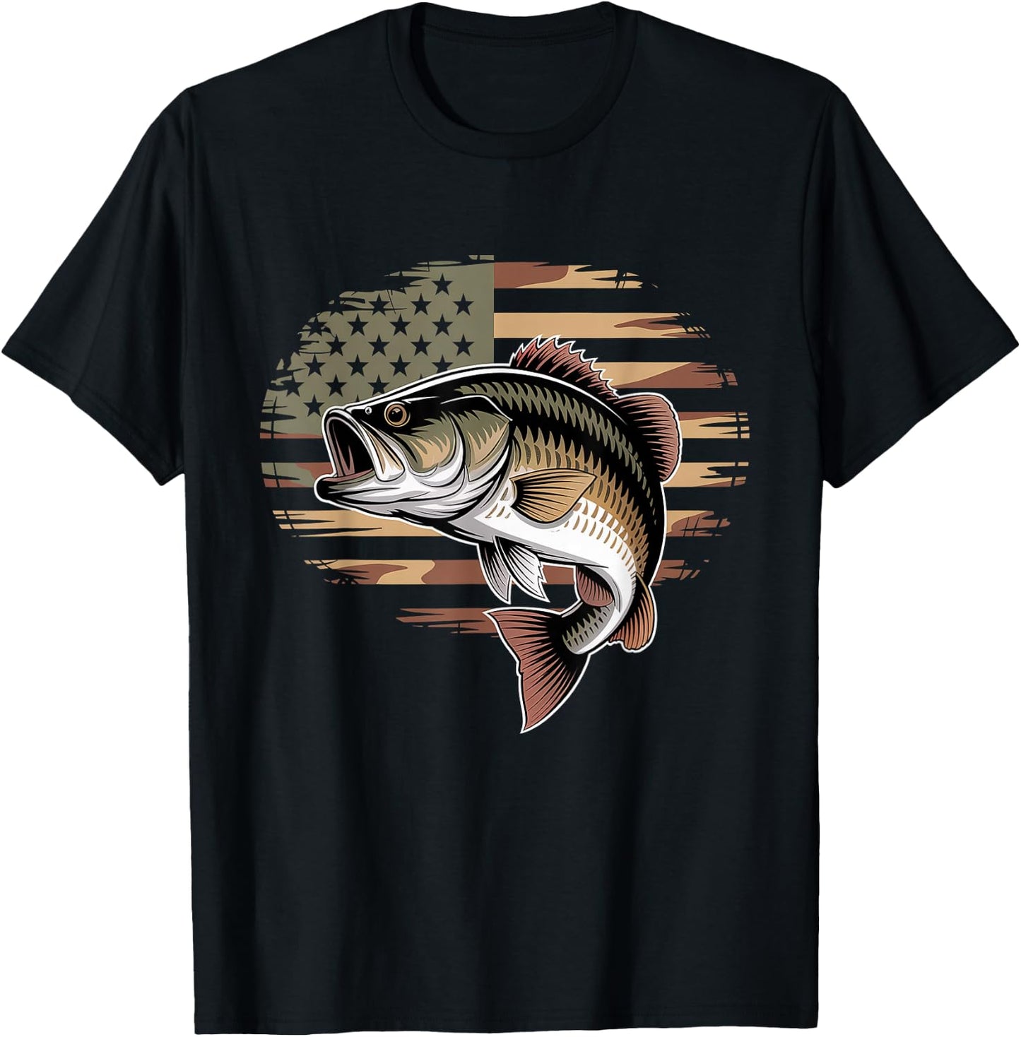 Bass Fish Fishing Camo USA American Flag Largemouth T-Shirt - T-Shirt | Black