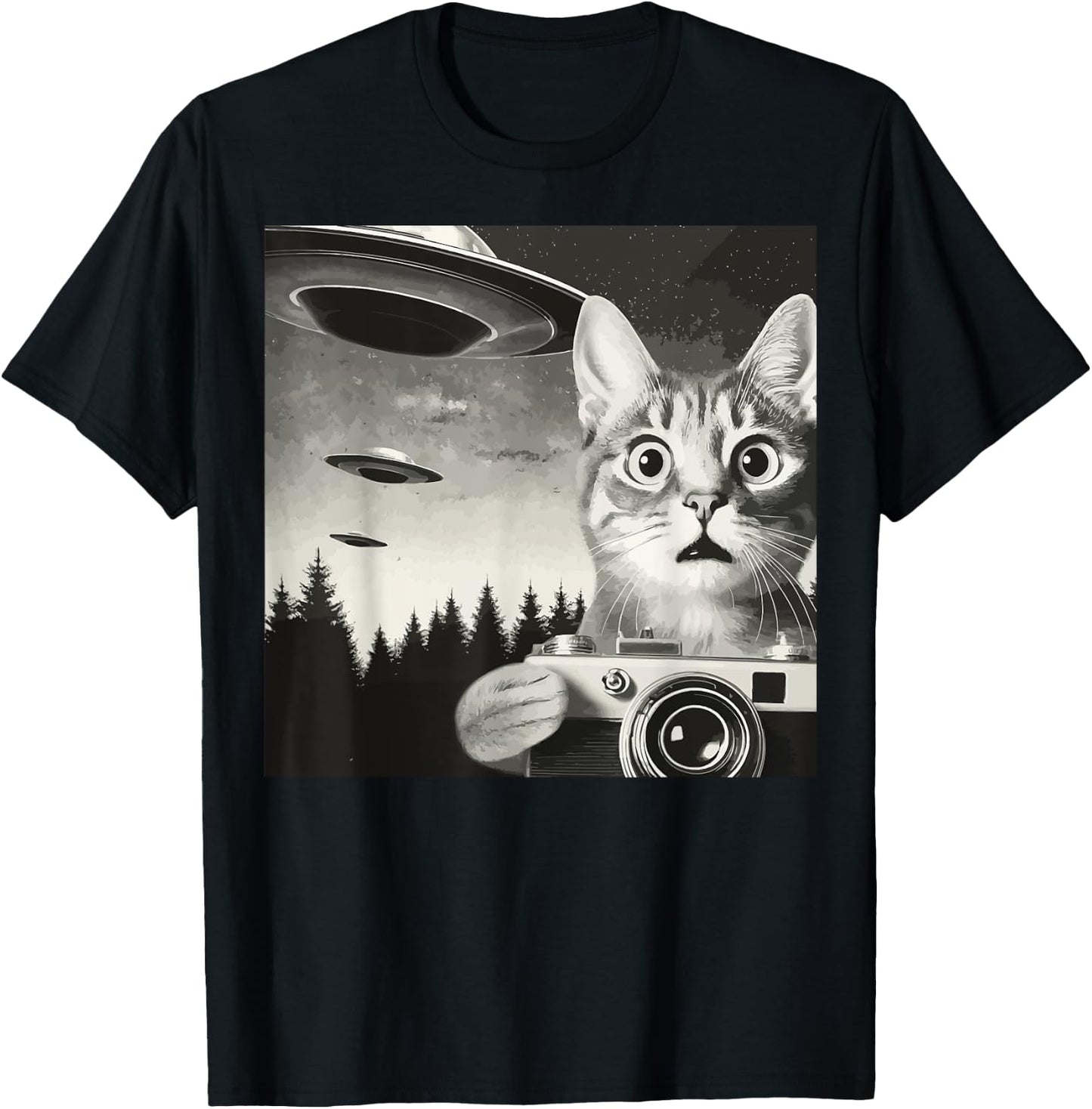 Alien Cat UFO Camera Graphic Alien Feline Photography Men Women T-Shirt - T-Shirt | Black