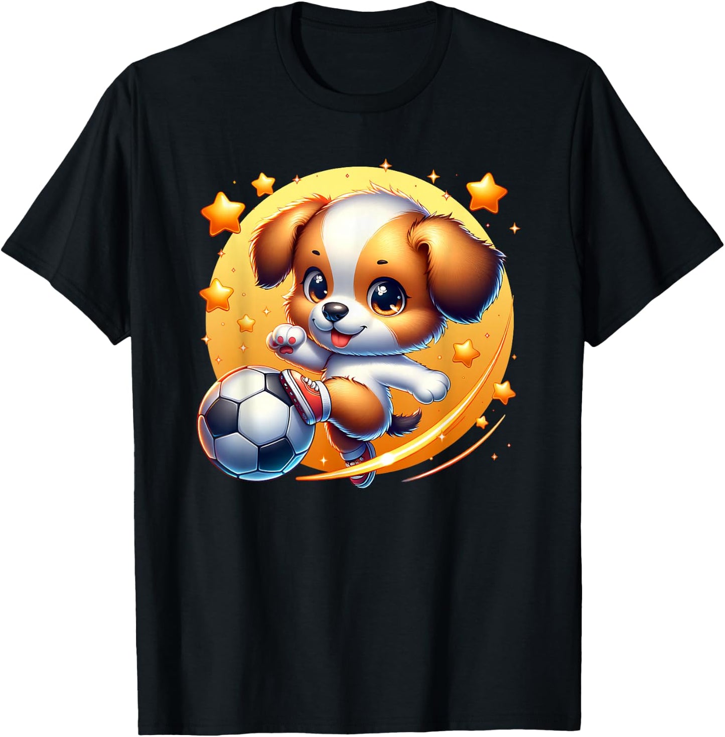 Puppy Dog Playing Soccer Kicking Ball Boy Girl Cute Graphic T-Shirt - T-Shirt | Black