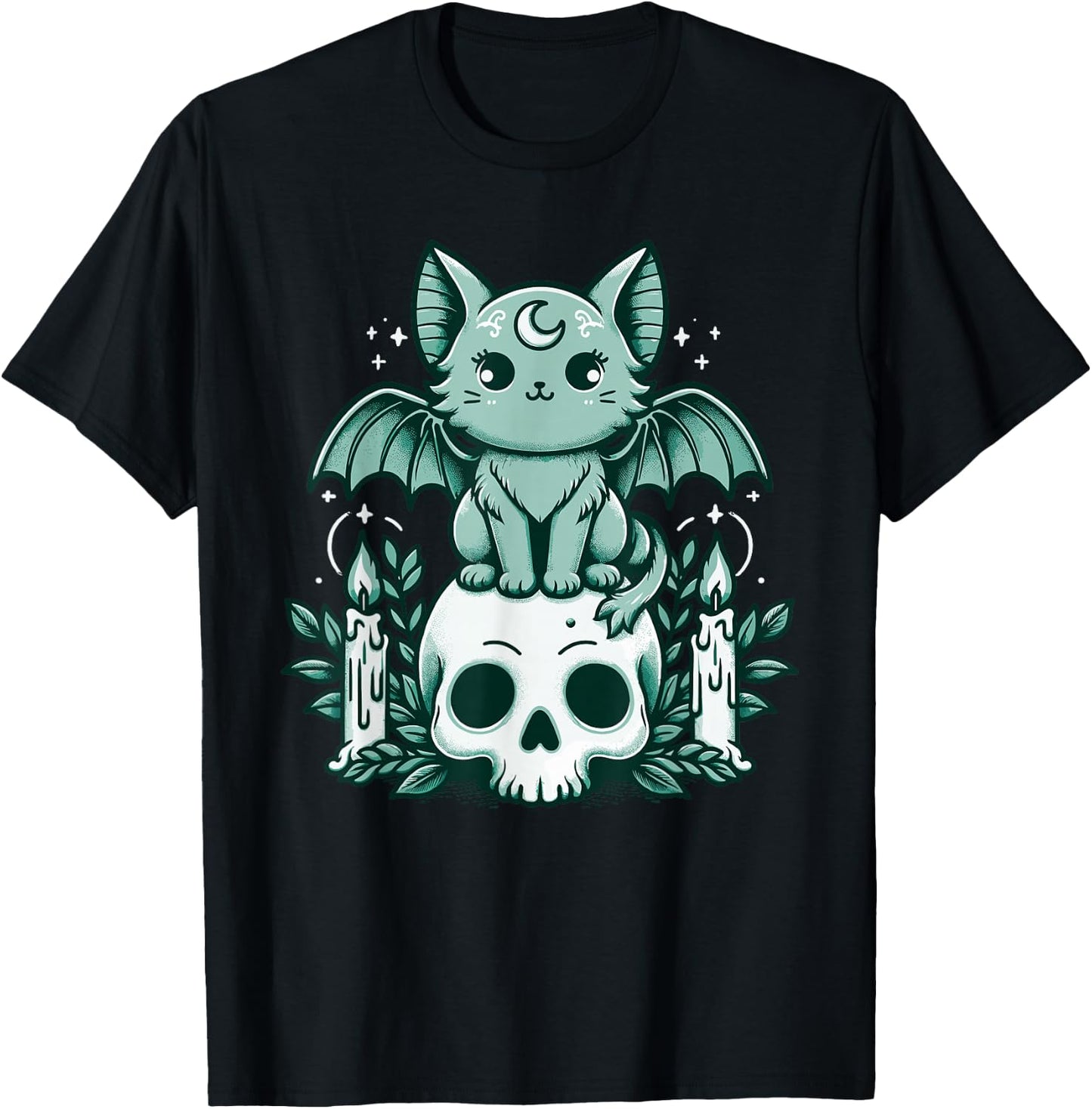 Kawaii Pastel Goth Cute Creepy Cat Bat Skeleton T-Shirt - T-Shirt | Black