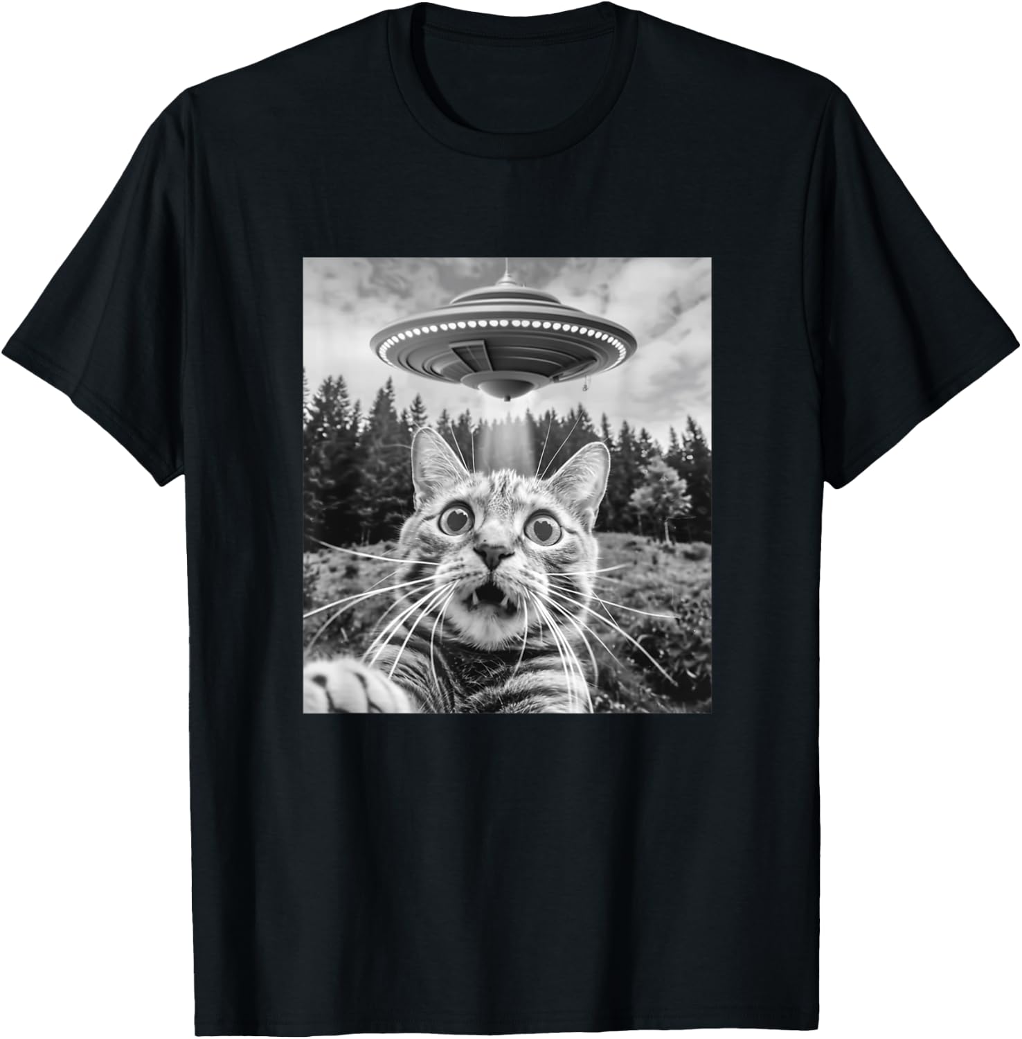 Cat Selfie With Alien Ufo Funny Cat Women Kids T-Shirt - T-Shirt | Black