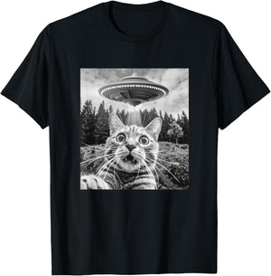 Cat Selfie With Alien Ufo Funny Cat Women Kids T-Shirt - T-Shirt | Black