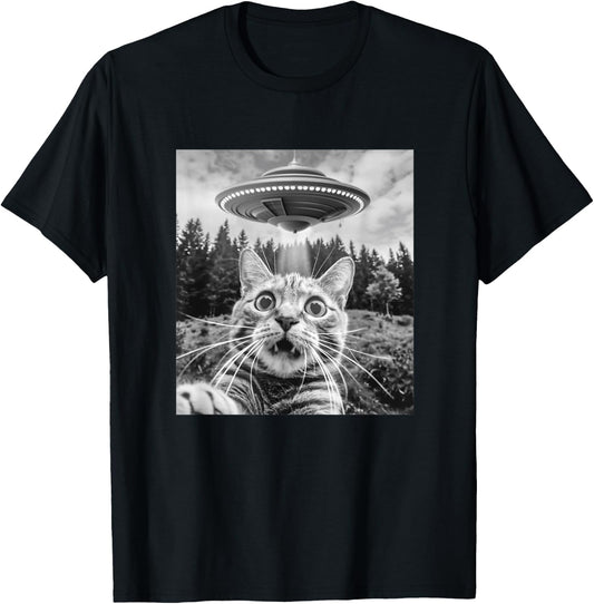 Cat Selfie With Alien Ufo Funny Cat Women Kids T-Shirt - T-Shirt | Black