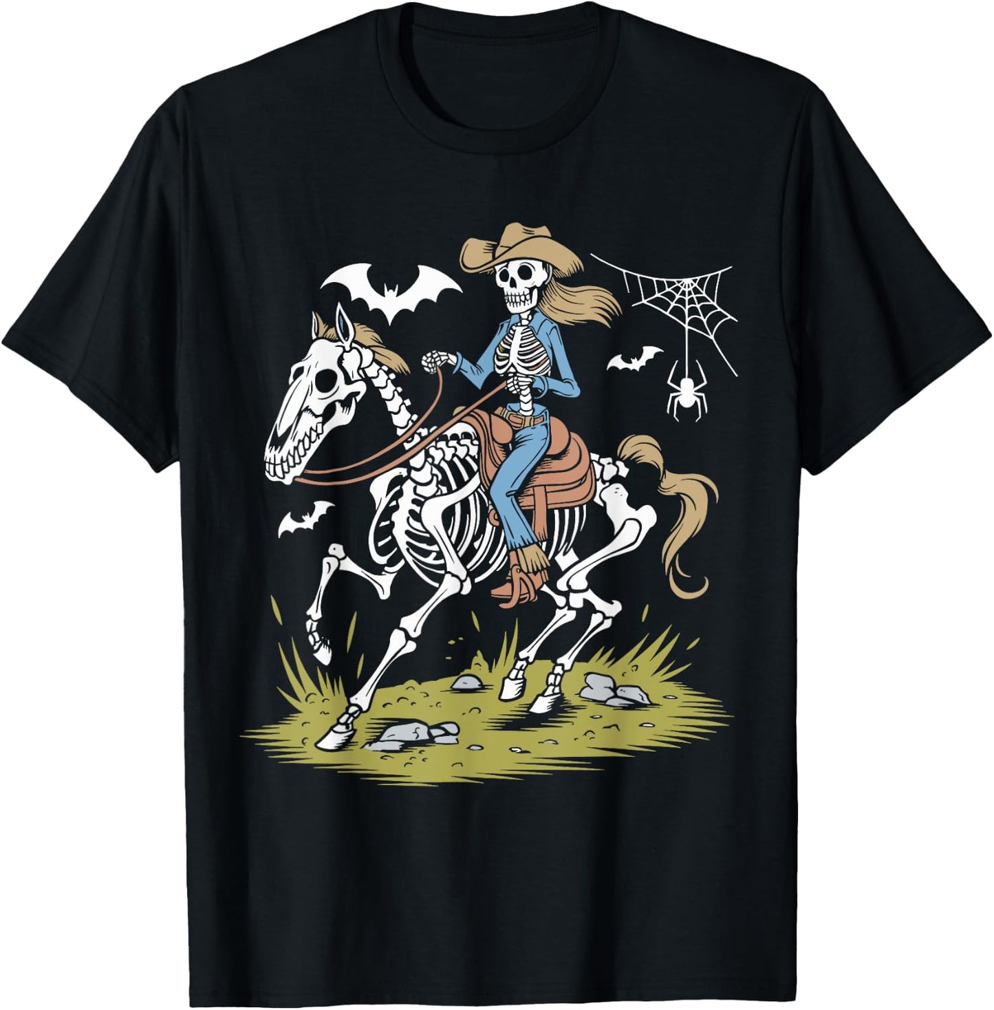 Funny Cowgirl Skeleton Riding Horse Spooky Halloween Western T-Shirt - T-Shirt | Black