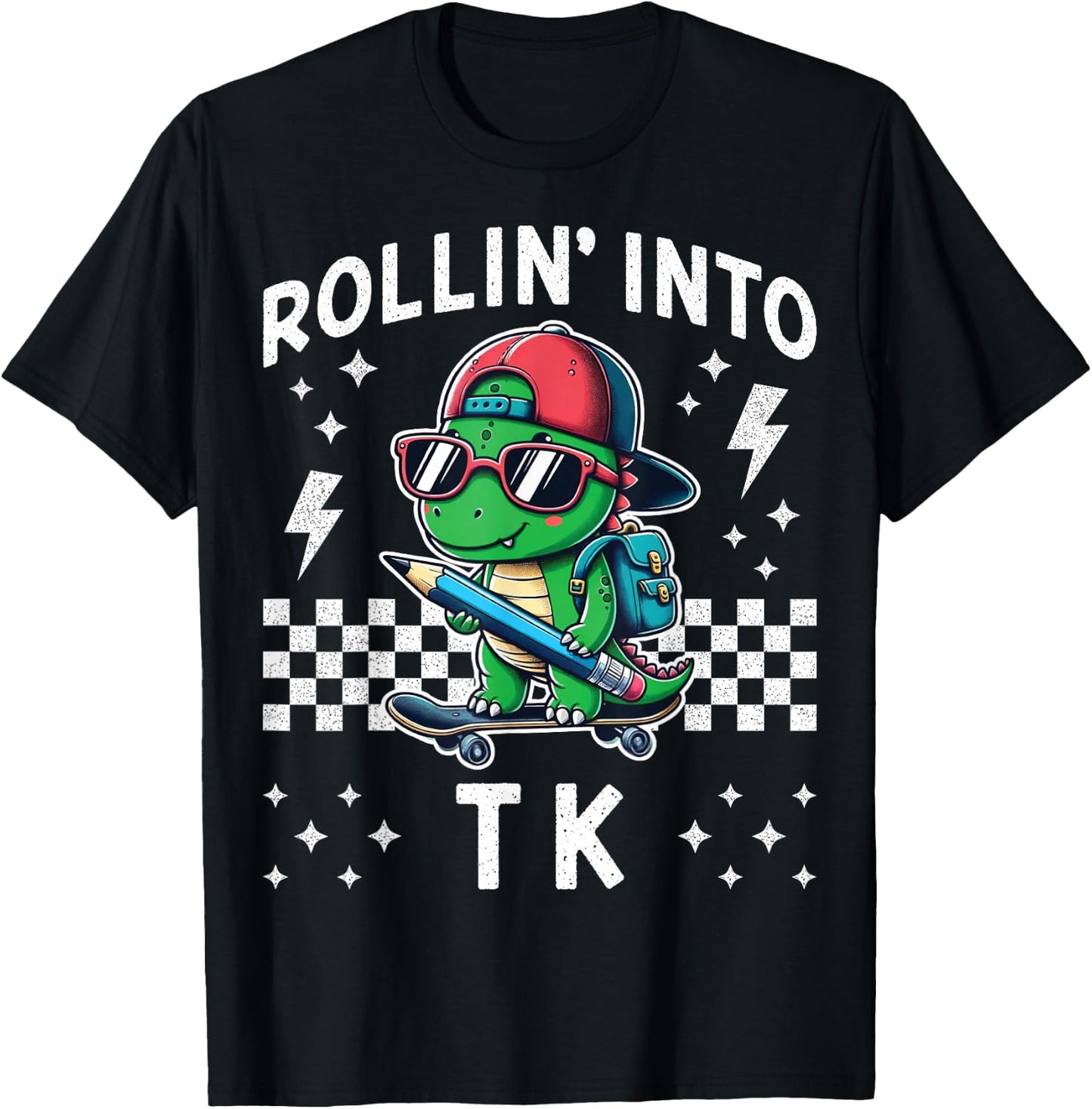 Rollin Into TK Dinosaur Skateboard Back to School Kid Funny T-Shirt - T-Shirt | Black