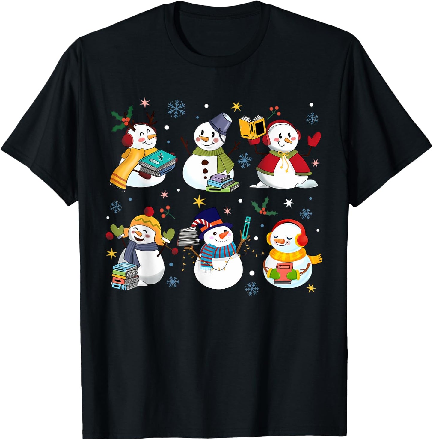 Snowman Reading Books Teacher Christmas Librarian Bookworm T-Shirt - T-Shirt | Black