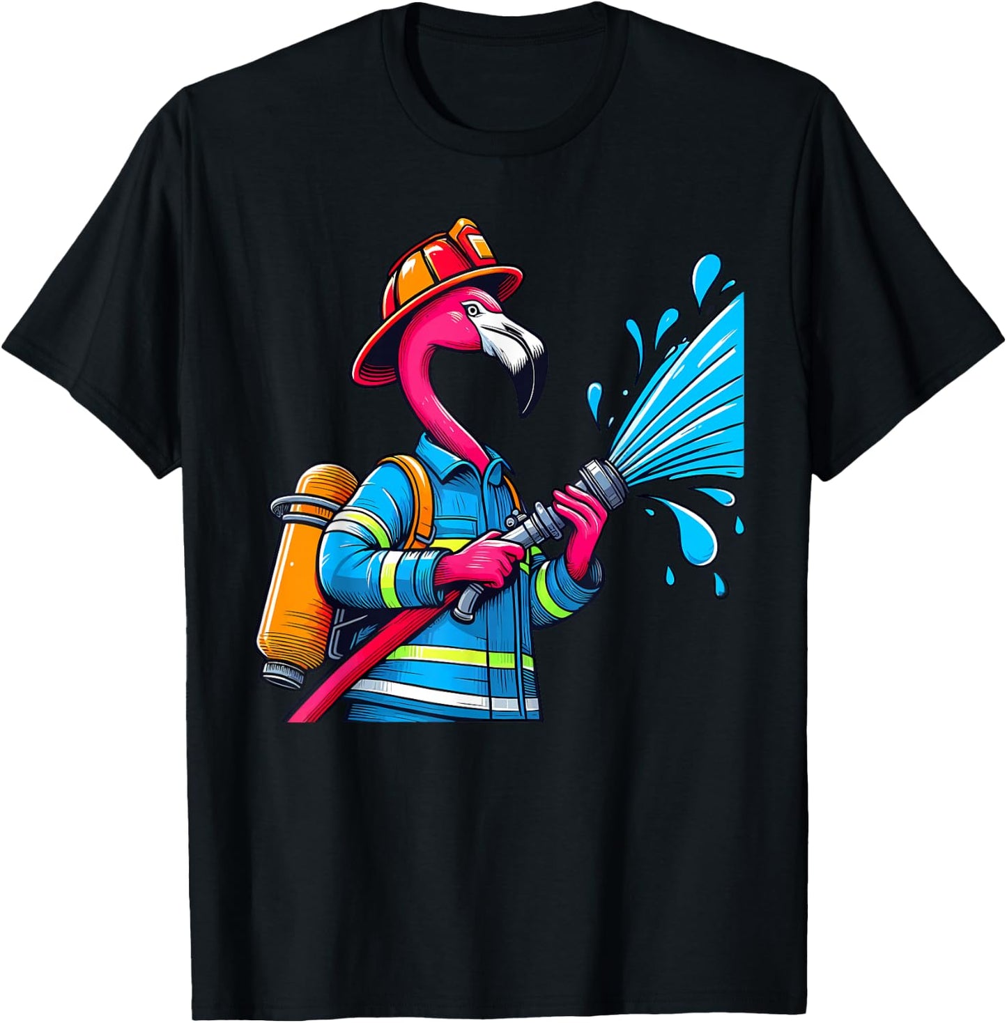 Flamingo Firefighter Fireman Birthday Party Flamingo Lovers T-Shirt - T-Shirt | Black