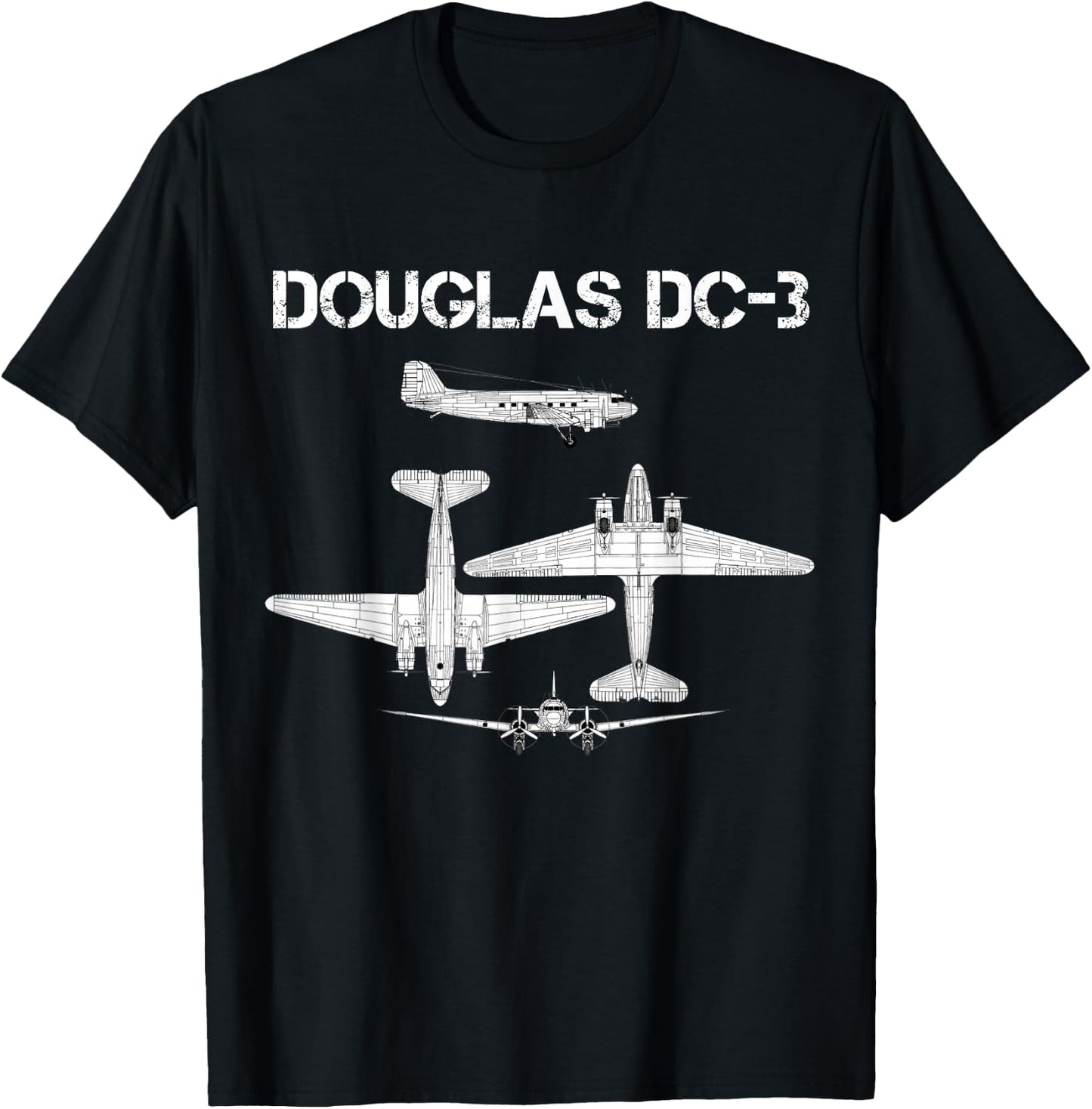 Douglas DC 3 WW2 Fighter Airplane Blueprint T-Shirt - T-Shirt | Black