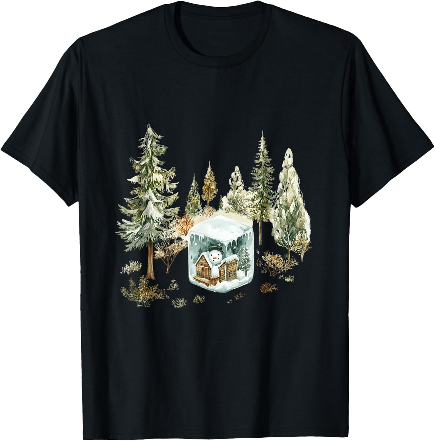 Watercolor Snowman Winter Wonderland Christmas T-Shirt - T-Shirt | Black
