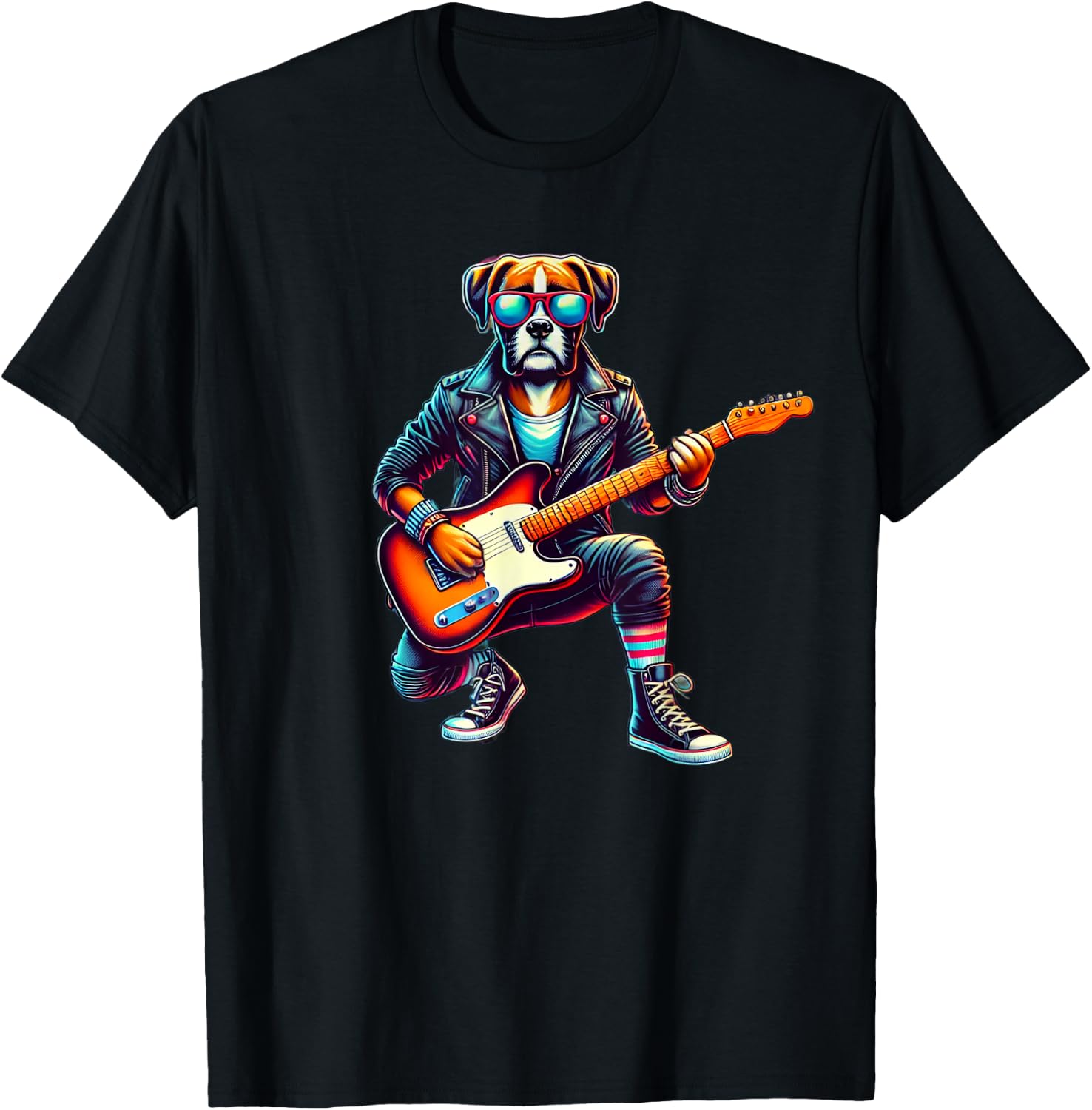 Boxer Electric Guitar Funny Dog Rock Band Musician Music Pet Women Kids T-Shirt - T-Shirt | Black