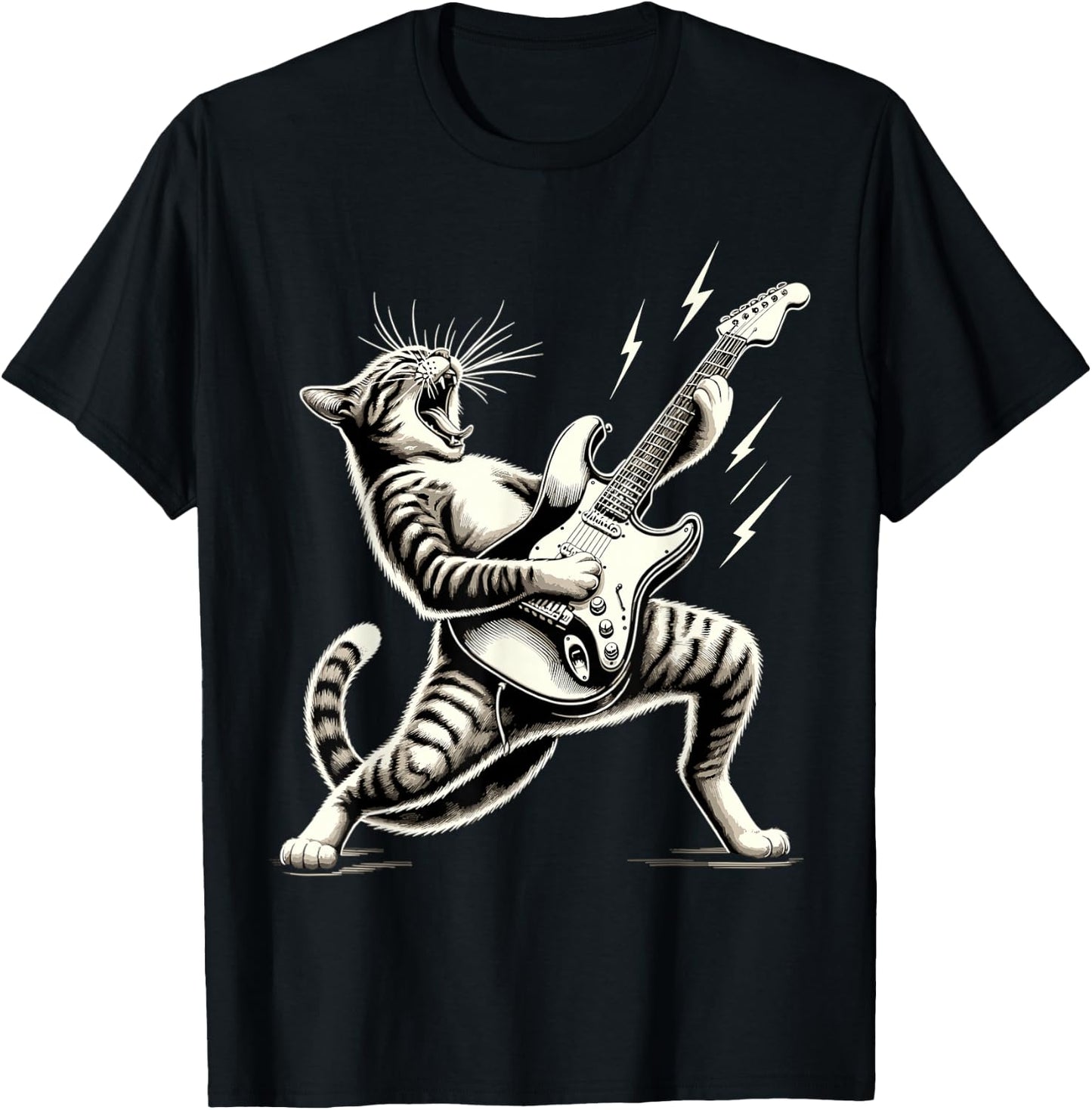 Rock and Roll Funny Cat playing Guitar T-Shirt - T-Shirt | Black
