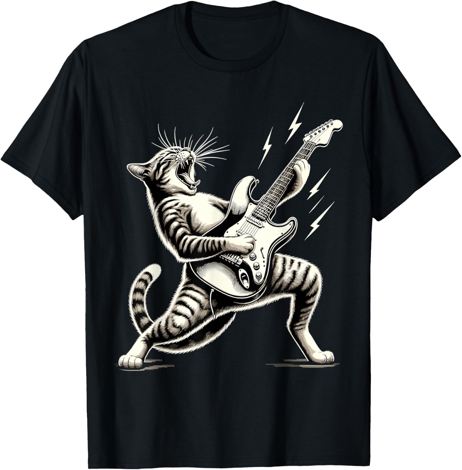 Rock and Roll Funny Cat playing Guitar T-Shirt - T-Shirt | Black